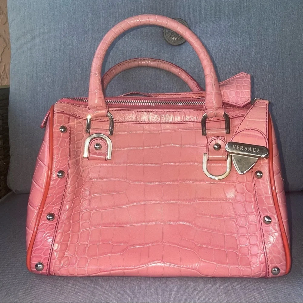 🩷Vintage Versace bag croc embossed leather y2k Boston duffle mini la Medusa bag - Picture 6 of 17